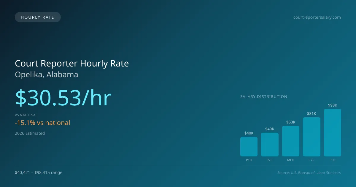 Court Reporter Hourly Rate in Opelika, AL — 2026 est., based on 2025 BLS
