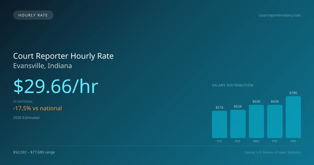 Court Reporter Hourly Rate in Evansville, IN — 2026 est., based on 2025 BLS