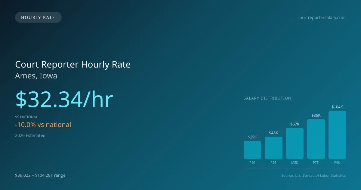 Court Reporter Hourly Rate in Ames, IA — 2026 est., based on 2025 BLS