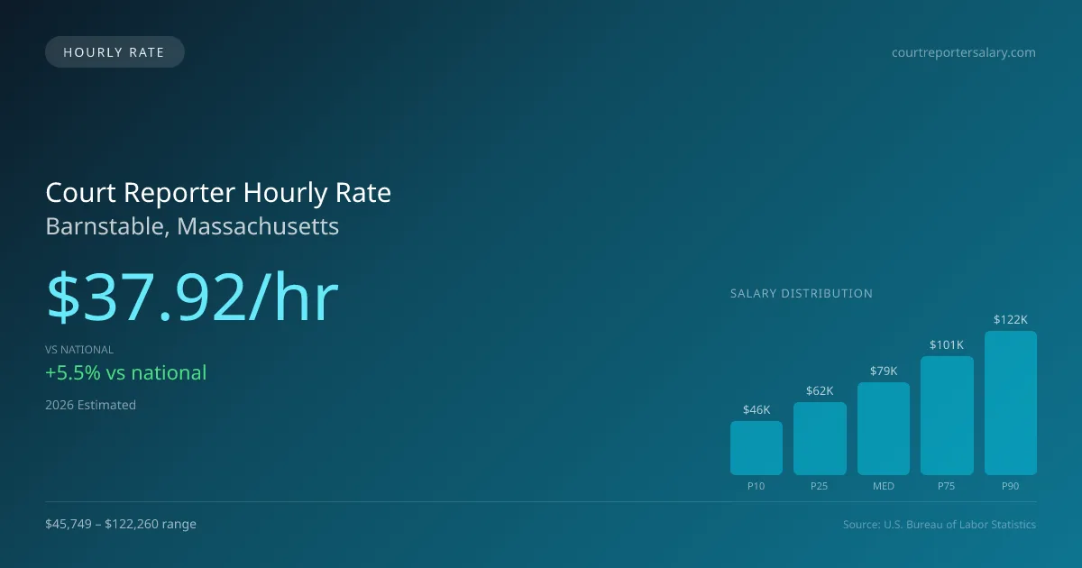 Court Reporter Hourly Rate in Barnstable, MA — 2026 est., based on 2025 BLS