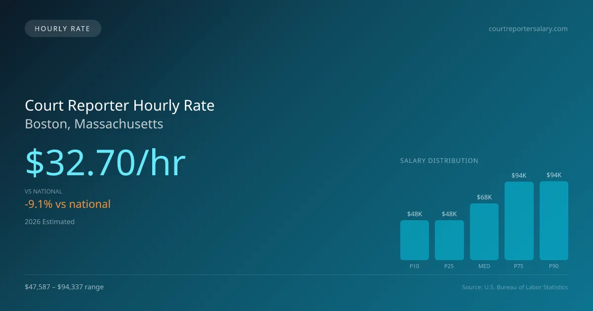 Court Reporter Hourly Rate in Boston, MA — 2026 est., based on 2025 BLS