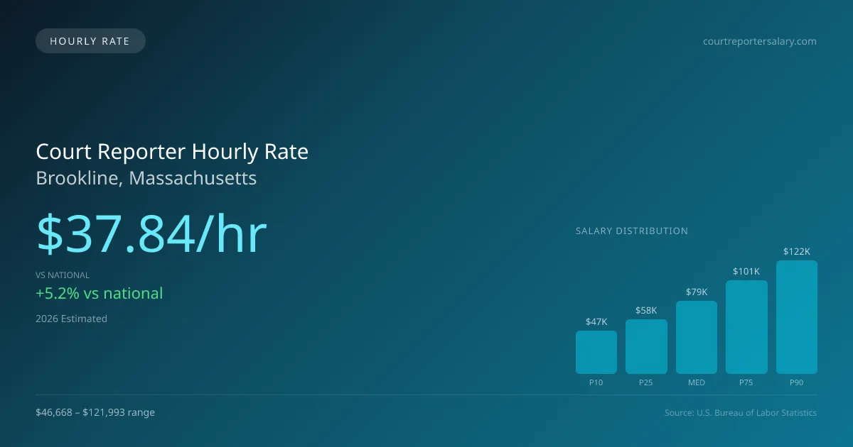 Court Reporter Hourly Rate in Brookline, MA — 2026 est., based on 2025 BLS