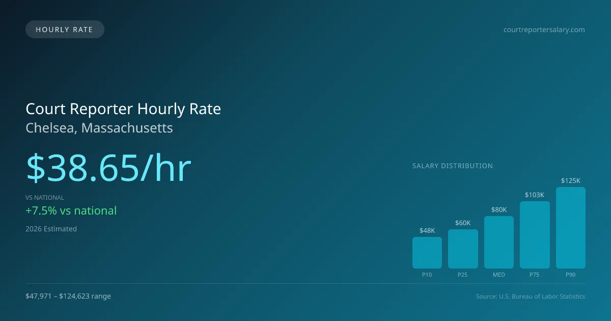 Court Reporter Hourly Rate in Chelsea, MA — 2026 est., based on 2025 BLS