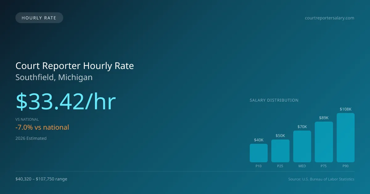Court Reporter Hourly Rate in Southfield, MI — 2026 est., based on 2025 BLS