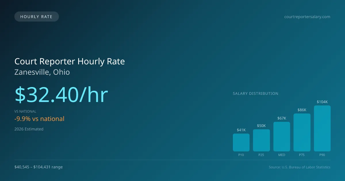 Court Reporter Hourly Rate in Zanesville, OH — 2026 est., based on 2025 BLS