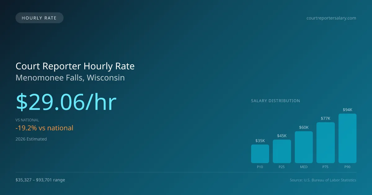 Court Reporter Hourly Rate in Menomonee Falls, WI — 2026 est., based on 2025 BLS